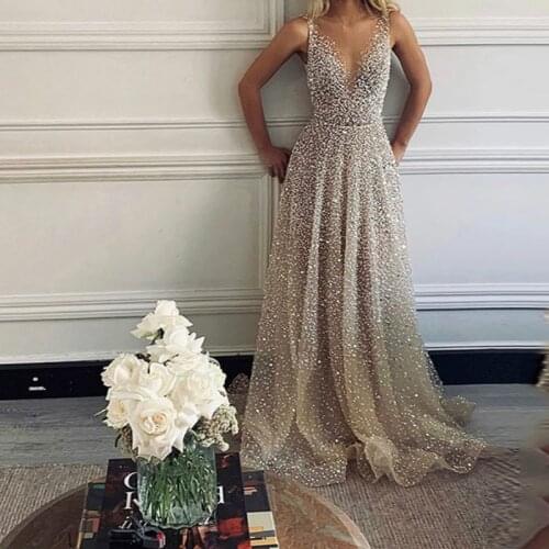Female New Fashion Pink A Line Sequins Floor-Length Formal Dresses Women Party Dress Silver Deep V Neck Sleevess Sexy Prom S-2XL