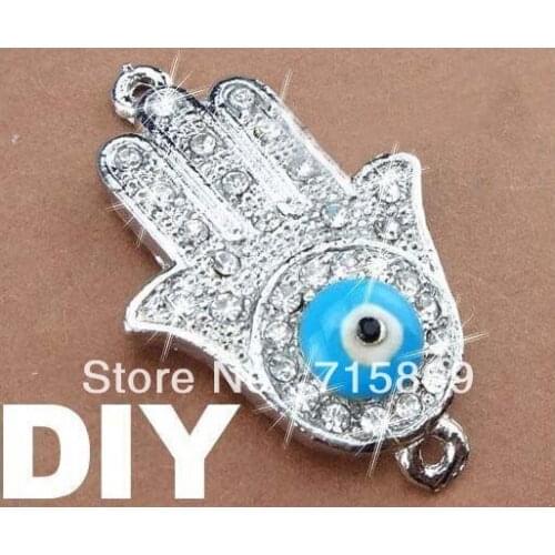 100Pcs Blue Enamel Evil Wholesale Eye Crystal Rhinestones connector beads Sliver hand Hamsa Hand DIY Bracelet Connector Beads