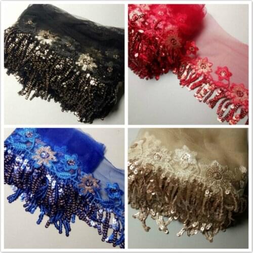 3 Yard 9cm Black Red Blue Sequins Mesh Lace Fabric Trim Ribbon Tassel Fringe Embroidered Craft Wedding Skirt Dress Party