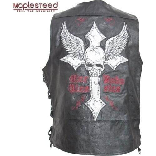 MAPLESTEED Leather Vest Motorcycle Embroidery Skull Natural Cow Skin Moto Vest Biker Waistcoat Leather Jacket Sleeveless 127