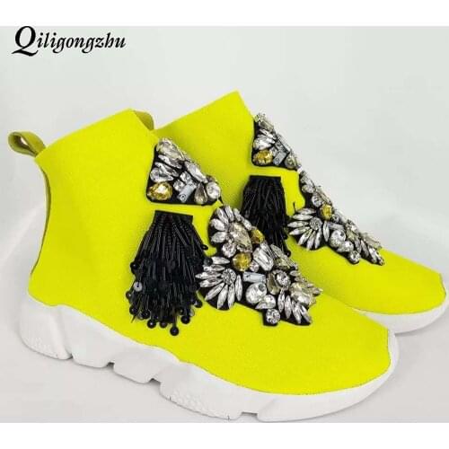 Handmade Rhinestones Stretch Knit Sneakers Breathable Platform Womens Boots Casual Sports Shoes Crystal Stretch Fabric Sock Boo