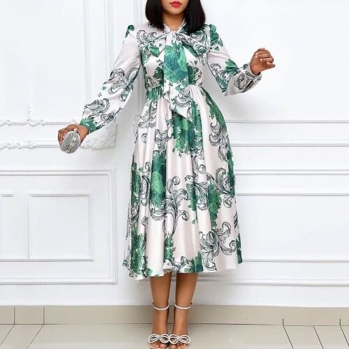 Elegant Print African Dress Women Long Sleeve Mid-Calf Bow Collar High Waist Party Dresses Plus Size 3xl Work Vestidos Robe