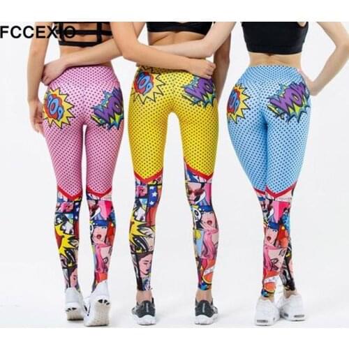FCCEXIO New Women Funny Cartoon Leggings High Waist Printing Long Pants Female Workout Patchwork Jeggings Sports Fitness Legging