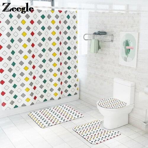 Flannel Bathroom Carpet Rug Plaid Printing Shower Curtain and Home Decor Bath Mat Set Non-slip Foot Mat Absorbent Toilet Mats