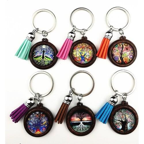 Jiangzimei 24pcs Tree of Life Keyring 25mm Wood Cabochon Stainless Steel Keychain with tassels glass Cabochon Wholesale