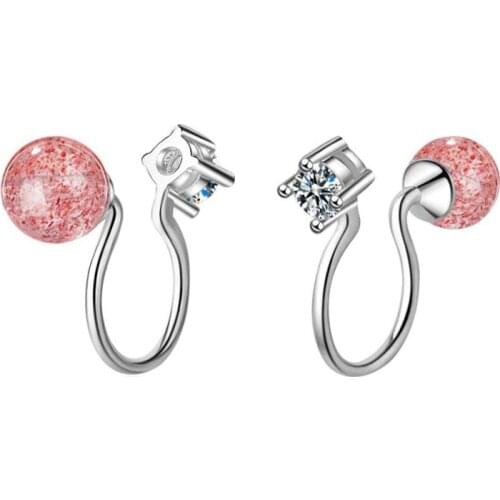 KOFSAC Fashion 925 Silver Earrings For Women Sweet Girl Heart Pink Strawberry Crystal Non-Perforated Cartilage Ear Clip Jewelry