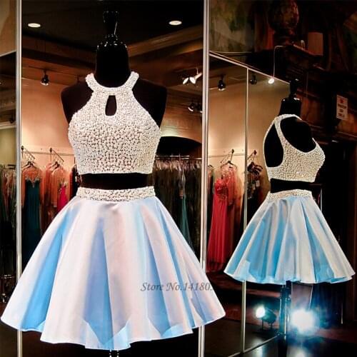 Modest Blue Short Prom dresses 2016 Fast Shipping Pearls Two Piece Prom Evening Gowns Backless Dress for Graduation Gala
