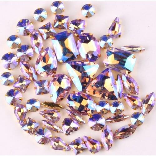 Gold claw setting 50pcs/bag 11 shapes mix Violet AB glass crystal sew on rhinestone Crystals wedding dress shoes bags diy