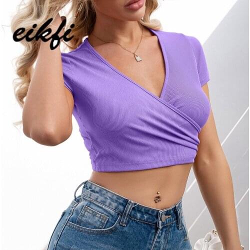 EIKFI Sexy V Neck Crop Wrap Slim Fitted Women Tops Summer Ladies Short Sleeve Casual Slim Fitted Solid Rib-Knit T-shirts Tops