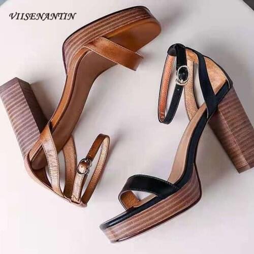 Round Toe Open Toe Bag with A Word Buckle Waterproof Platform Leather Thick Heel Platform Retro High-heeled Roman Shoes