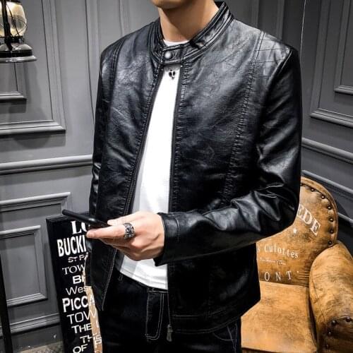 Spring and autumn mens PU leather jacket new casual mens jacket stand collar slim leather jacket trend young mens clothing