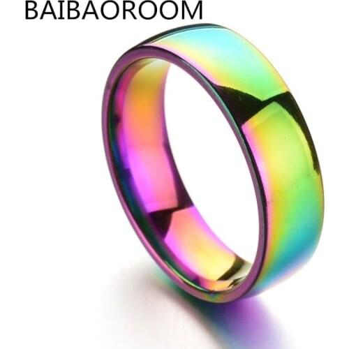 Fashion Jewelry 6MM Colorful Glare Smooth Rainbow Stainless Steel Rings For Women Men Gift