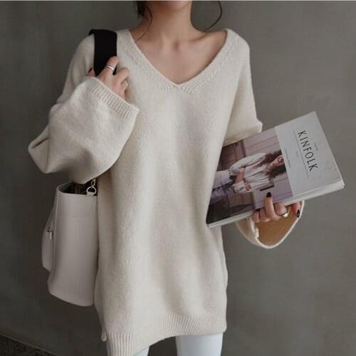 Trendy Fad Autumn Winter Womens pullover Oversize Sweaters V-Neck Long Sleeve Minimalist Korean Knitted Pink Tops SW8108