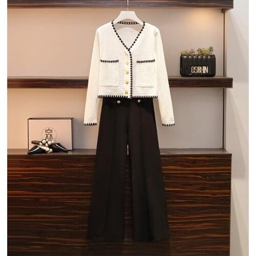 Autumn Winter New V-neck Sweater Wide Leg Pants Loose Casual Pants Set Fashion Two-piece Set Suit Ensemble Femme Survetement