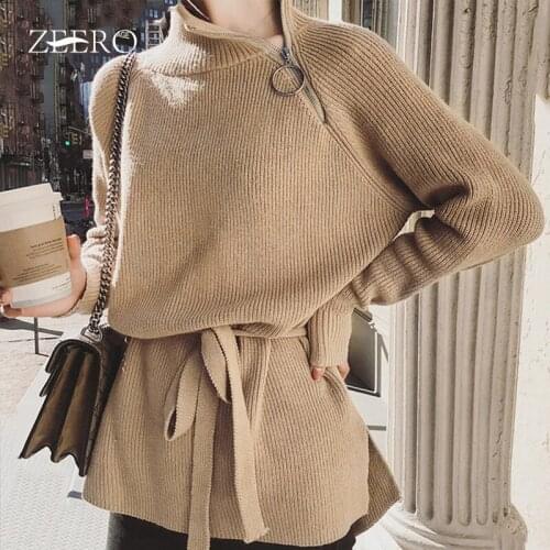 Autumn Casual Loose Stand-up Collar Zipper Raglan Sleeves Pullover Sweater Tops Fashion Woman Solid Color Belt Straight Dresses