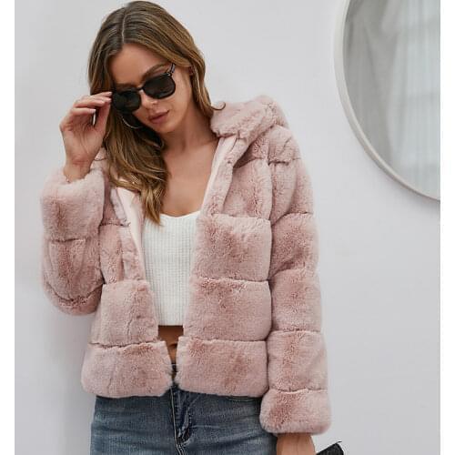 Fashion WomenS Winter Faux Fur Coat Female Hooded Thicken Warm Jacket Soft Fur Solid Color Zipper Casual Luxury Plush Overcoat