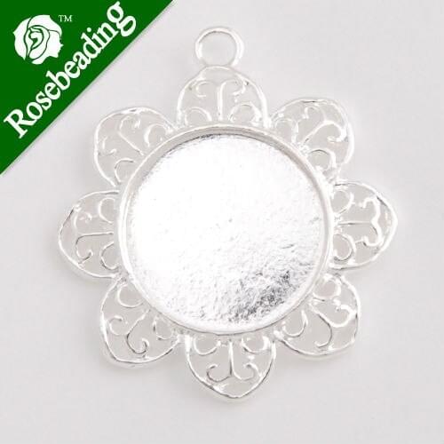 Silver Plated Flower Pendant trays,flower pendant,fit 20mm round glass cabocon,sold 20pcs per pkg