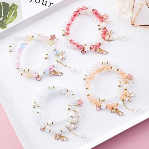 Romantic Luxury Sweet Rabbit Bow Heart Bracelets Bangles Explosive Crystal Double Layer Flowers Bracelet
