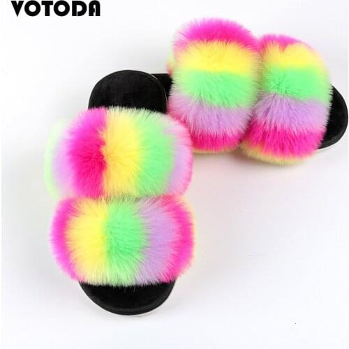 Faux Fur Women Slippers Furry Two Sangles Slides Home Flip Flops Fluffy Plush House Shoes Female Cute Winter Warm Slip On Shoes