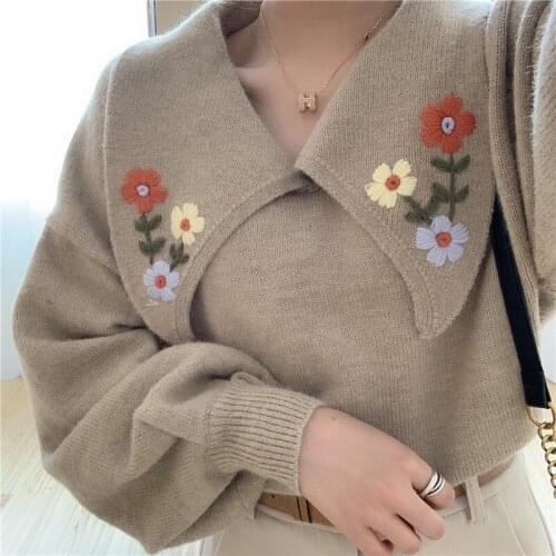 Women Lapel V Neck Loose Thick Sweater Flower Embroidery Print Chic Knitted Pullover Casual Sweet Cute Sweaters Lantern Sleeve