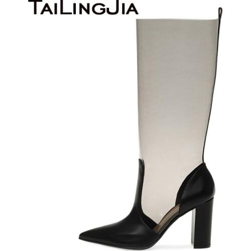 Grey PVC Pointed Toe Knee High Boots Block Chunky Heel Black PU Leather Slip on Styligh Heeled Long Boots Large Size 34-46 Shoe