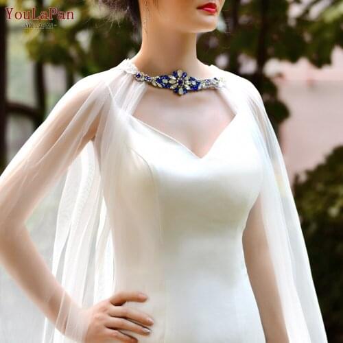 YouLaPan G28 Blue Rhinestone Bridal Cape Cloak Shawl Long Wedding Dress Jacket Shawl Cover over the Shoulder for Formal Party