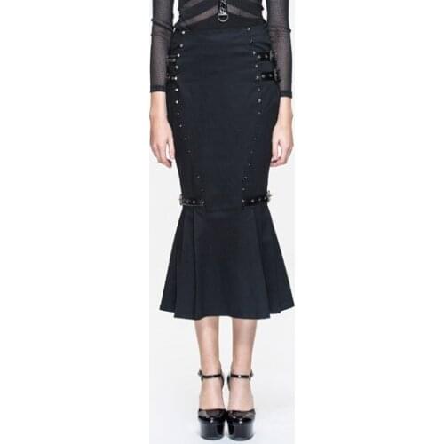 Devil Fashion Punk Womens Skirts Rivets Trumpet Black Skirts Mid-Calf Casual Skirts New Arrival Spring Summer