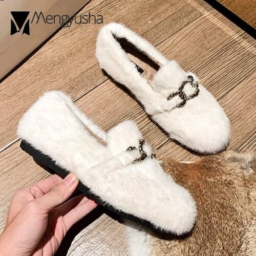 Real Fluffy Fur Shoes Ladies Winter Flats Metal Chains Loafers Women Plush Cotton Moccasins Warm Rabbit Furry Snow Boat Shoes