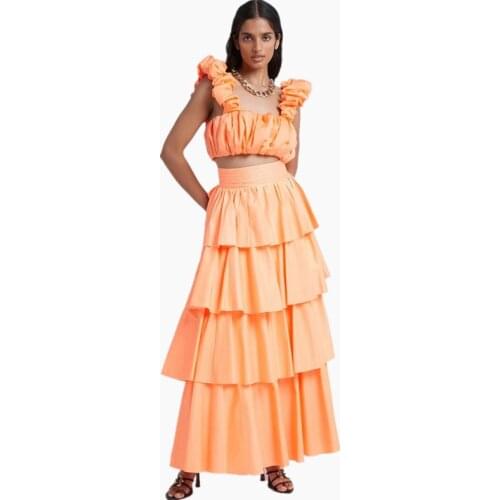 High Quality Women Pleated Suits Smocked Waist Ruffles Women Cake Skirt And Short Tank Tops Lady Two Pieces Sets