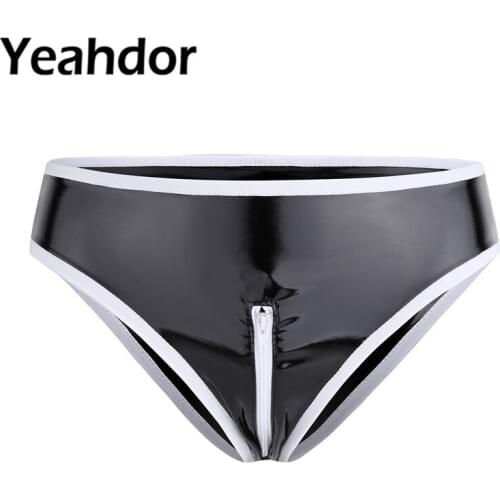 Womens Lingerie Female Low Rise Panties Wetlook Patent Leather Crotch Zipper Bikini Briefs Underwear Underpants Sexy Cubwear
