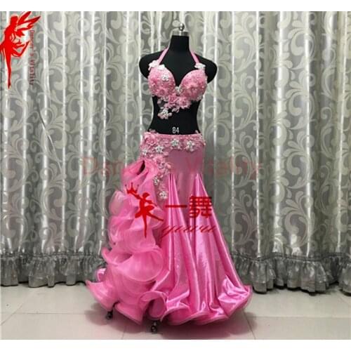 Lady belly dance luxury clothes flowers bra top and satin skirt 2pcs women Performance clothing ballroom dance costumes B/C cup