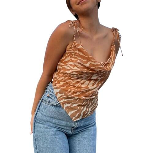 Women’s Fashion Zebra Pattern Camisole Sexy V-neck Backless Lace-up Irregular Suspender Tops