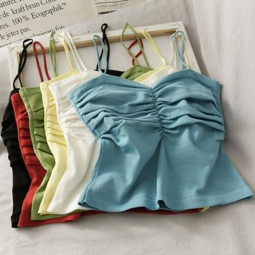 2021 Women Knitted Cami Crop Top Ruched Front Bust Knitted Top Summer Candy Color Spaghetti Straps Slim Fitted Crop Top