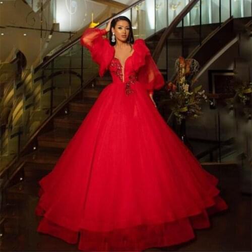 SoDigne Red Evening Dress 2021 Long Sleeves Appliques Sexy Deap V neack Organza Wedding Party Dress Prom Gown