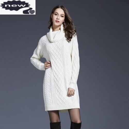 2021 Winter Elegant Lady Large Size Knitted Dress Long Sweater Womens Turleneck Casual White Navy Pullover Slim Fit Female Tops