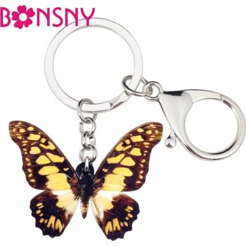 Bonsny Acrylic Fashion Papilio Machaon Butterfly Key Chains Keychain Ring Animal Insect Jewelry For Women Girls Bag Purse Charms