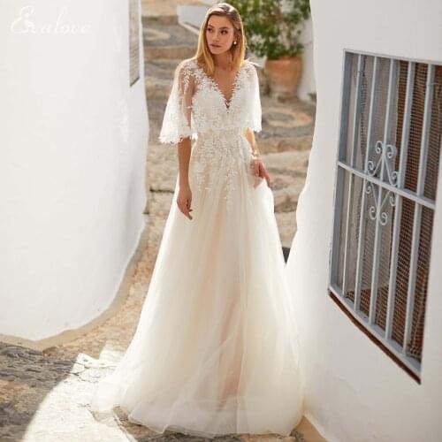 EVALOVE Romantic V-Neck Backless A-Line Wedding Dress 2021 Gorgeous Half Sleeve Appliques Tulle Court Train Princess Bridal Gown