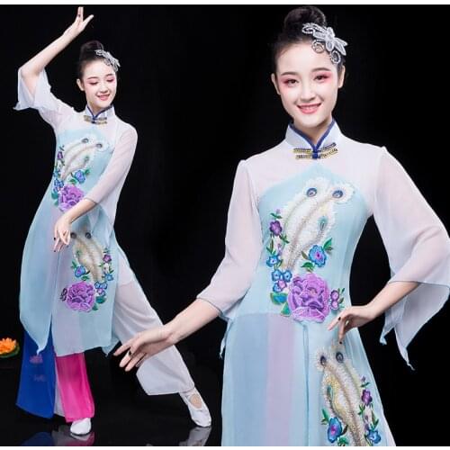 Chinese style Hanfu classical dance costumes womens elegant fan dance suits Yangko clothing traditional Chinese dance costume