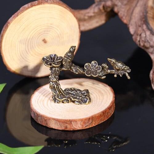Pure Copper Plum Tree Happy Magpie Bird Miniature Ornaments Antique Brass Cuckoo Figurine Tea Table Decorations Desk Decor Craft