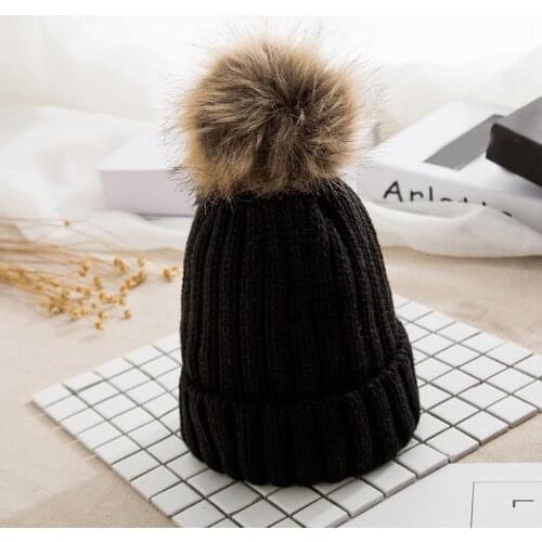 Fashion Women Winter Solid Color Pompom Knitted Beanie Hat Thick Warm Stretch Ski Cap Winter Warm Hat