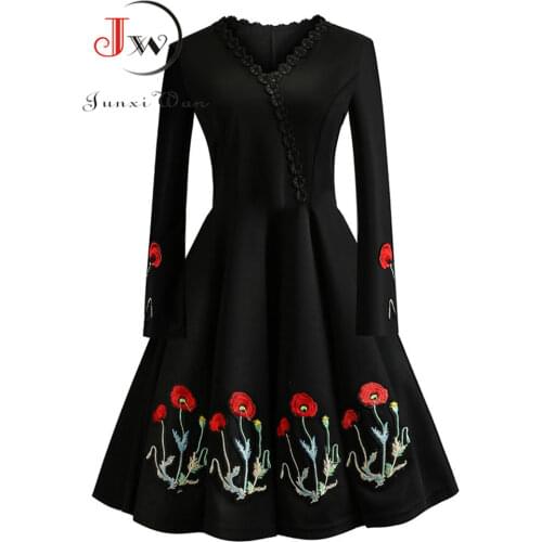 Autumn V-neck Embroidery Slim Bodycon Dress Women Long Sleeve Winter Elegant Vintage Dresses Black Party Dress Plus Size