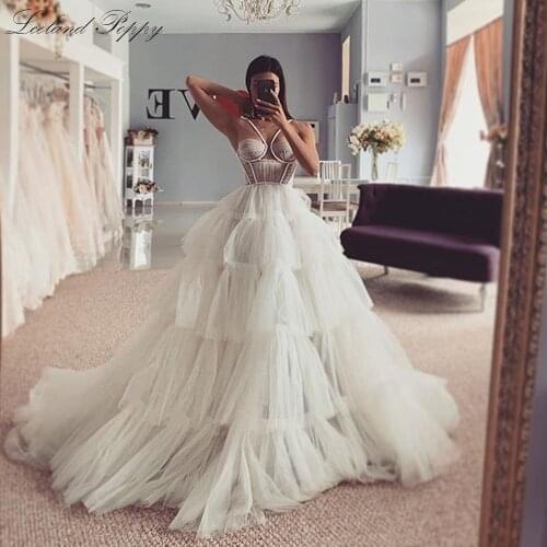 Lceland Poppy A-line Pleated Tulle Wedding Dresses 2020 vestido de noiva Tiered Floor Length Sleeveless Bridal Gowns Corset Back