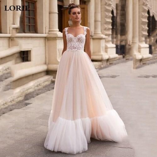 LORIE Champagne Sexy Spaghetti Straps A Line Wedding Dress Lace AppliqueTulle Bride Gowns Long Train Corset Vestido De Novia