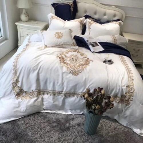Luxury White Blue Egyptian cotton Queen King Bedding sets Oriental Golden Embroidery Duvet Cover Bed sheets set Pillowcase 4pcs