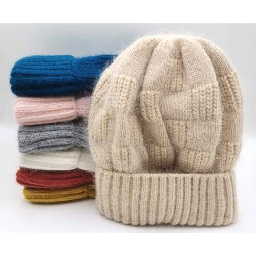 Winter hats for women warm long rabbit fur hair female caps fashion solid colors wide cuff young style beanies