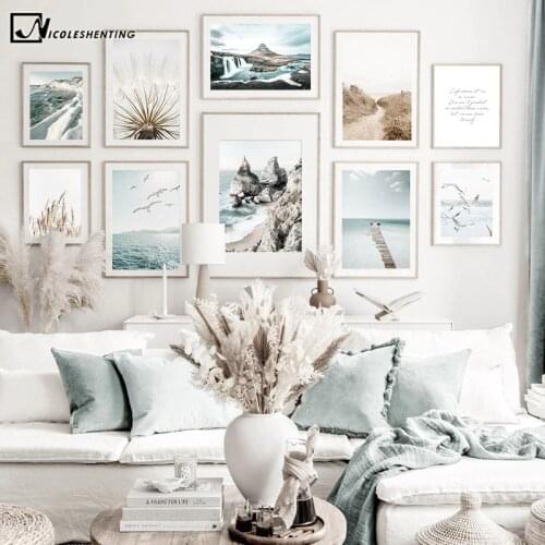 Sunlight Sea Beach Seagull Poster Canvas Art Print Nordic Nature Landscape Painting Photography Wall picture Living Room Decor