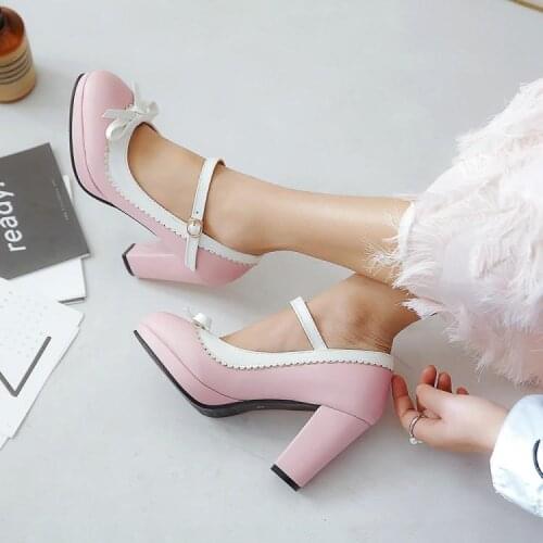 Cosplay Shoes Women Summer 2019 Mori girl Lolita Bowknot Princess Kawaii Girl Women Shoes Round Head High Heel Student Shoes