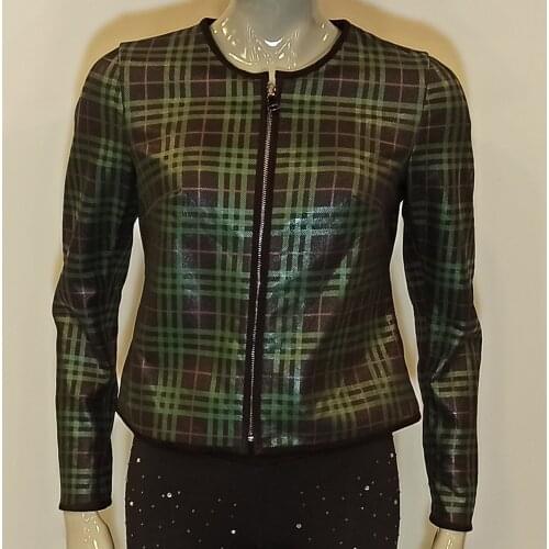 Women Spring Autumn Short Plaid Jacket Copper Green Lightweight %100 High Quality Genuine Leather Casual Comfortable Zipper Coat