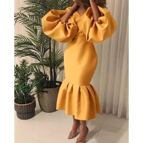 Women Party Dress Elegant Sexy V Neck Long Puff Sleeve Bodycon Event Occasion African Female Fashion Autumn Spring Robes Vestido