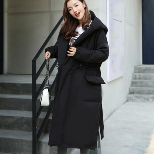 Fashion No zipper and button adjustable waist thicken and long down coat women plus size loose and cloak style for winter